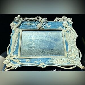 ANTIQUE Art Nouveau Mirror/picture Frame Maiden & Flowers Large 14”x11”Cast iron
